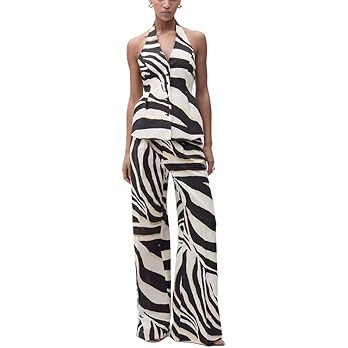 2 Piece Outfits for Women Pants Sets Zebra Print Halter Vest Top and Wide Leg Pants Dailywear Sum... | Amazon (US)