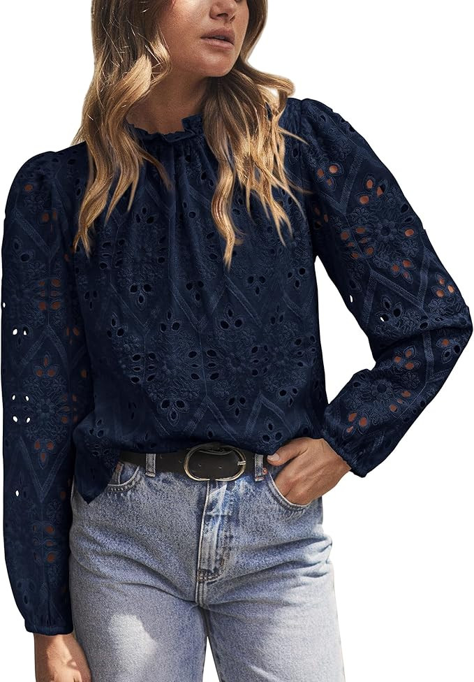 PRETTYGARDEN Tops for Women Trendy 2025 Spring Long Sleeve Blouses Dressy Casual Embroidered Eyel... | Amazon (US)