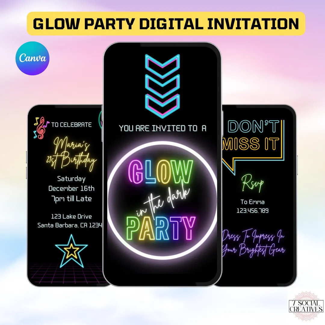 Glow Party Invite. Digital Video Neon Glow in the Dark Birthday Invitation Template. Simple to Ed... | Etsy (US)