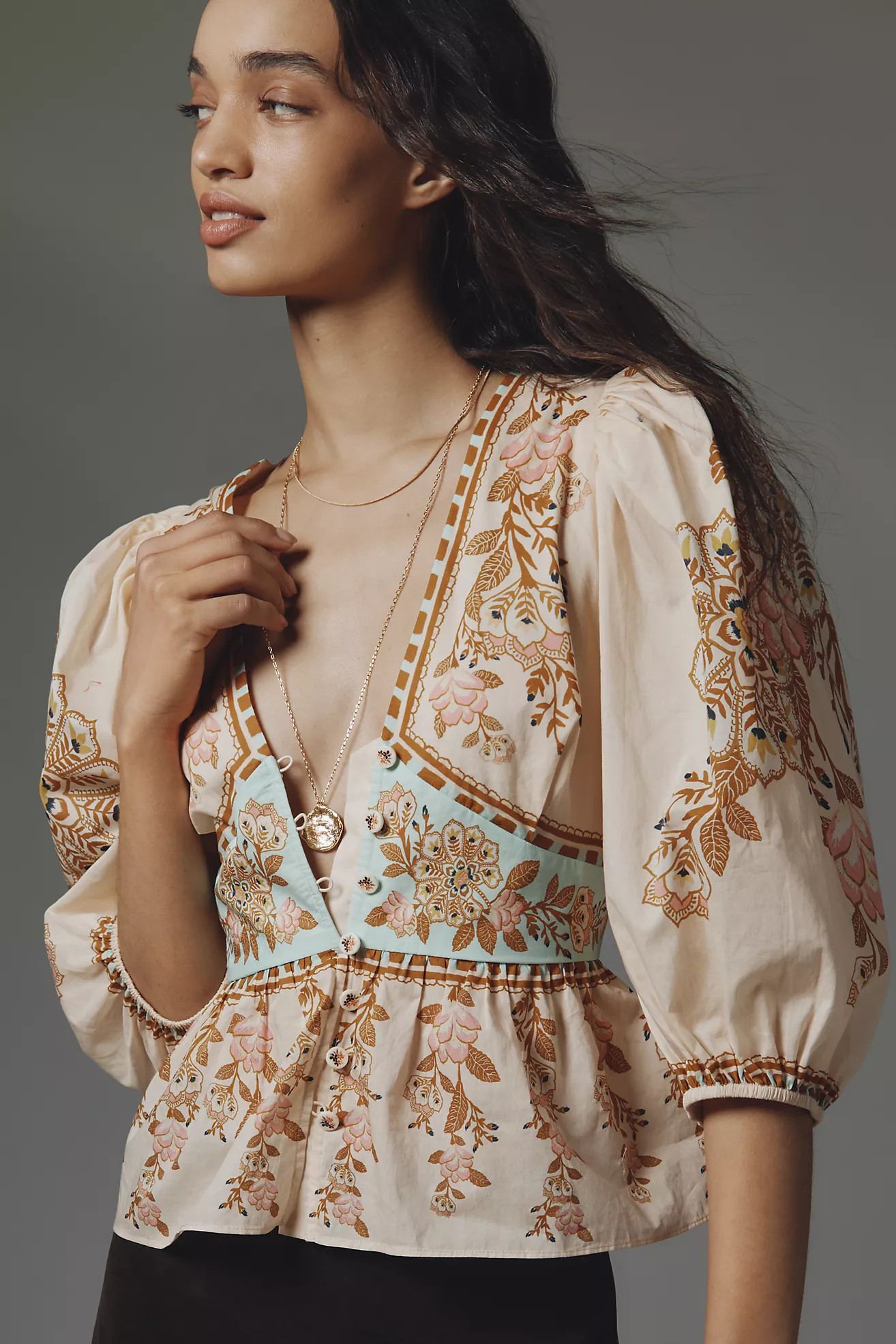 Farm Rio x Anthropologie Bubble-Sleeve V-Neck Peplum Top | Anthropologie (US)