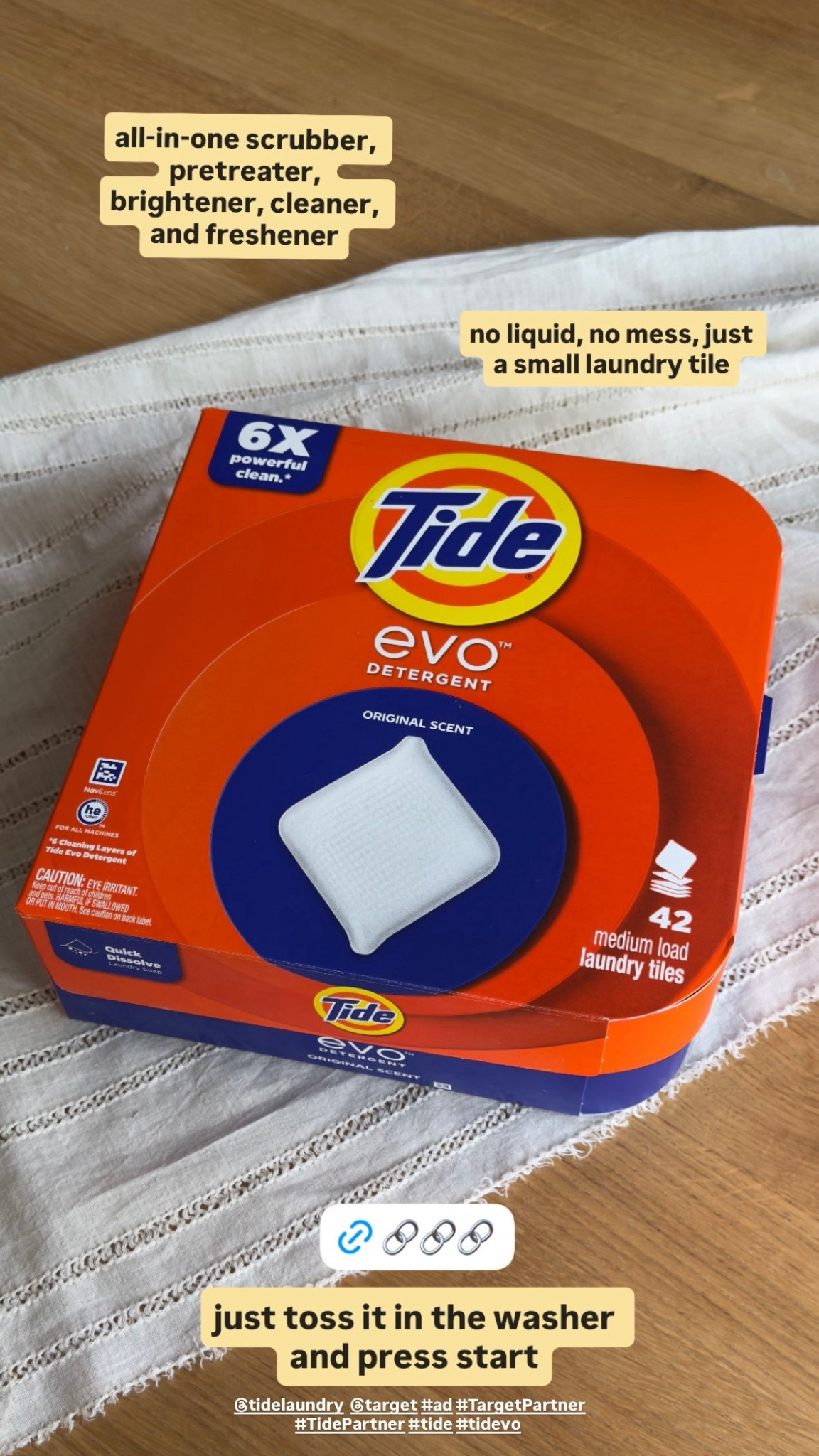 #ad why i love the new @tidelaundry Evo Tiles at @Target :

-﻿compact detergent tile, not a liquid!
-no mess or measuring
-all in one scrubber, pre-treater, cleaner, and brightener

 #TargetPartner #TidePartner #tide #tidevo #liketkit https://rstyle.me/+ZsKk3_zUARsRbFYmkDCxxg

#LTKHome