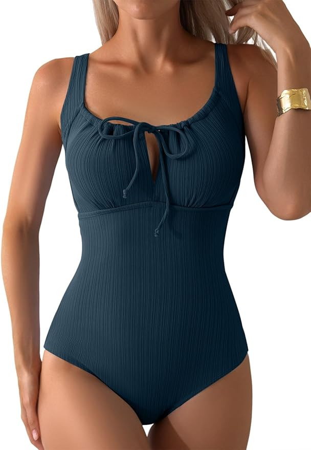 Aleumdr Womens Textured One Piece Swimsuit Tummy Control Bathing Suit with Bow Tie Knot Cutout Ru... | Amazon (US)