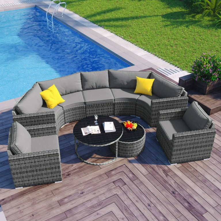9 Pieces Outdoor Patio Sectional Sofa Set, All Weather Furniture Sets Half-Moon Sofa Set with Pil... | Walmart (US)