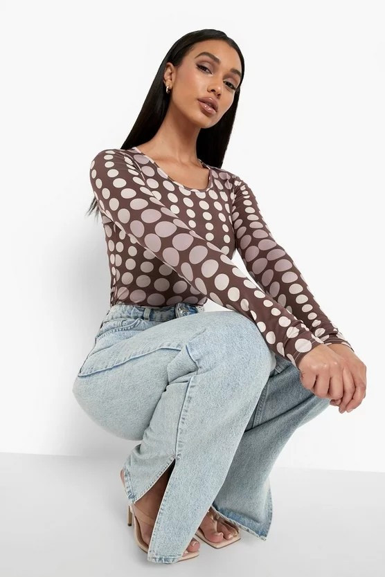 Spot Print Long Sleeve Bodysuit | Boohoo.com (US & CA)