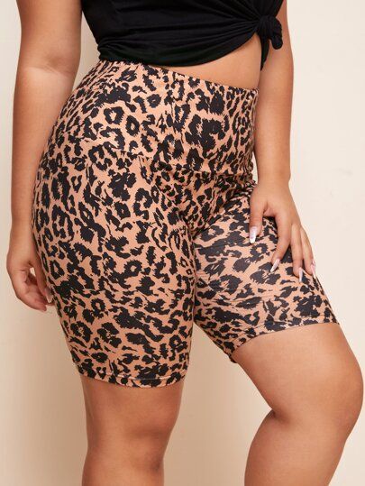 SHEIN Plus Leopard Print Wide Waistband Biker Shorts | SHEIN