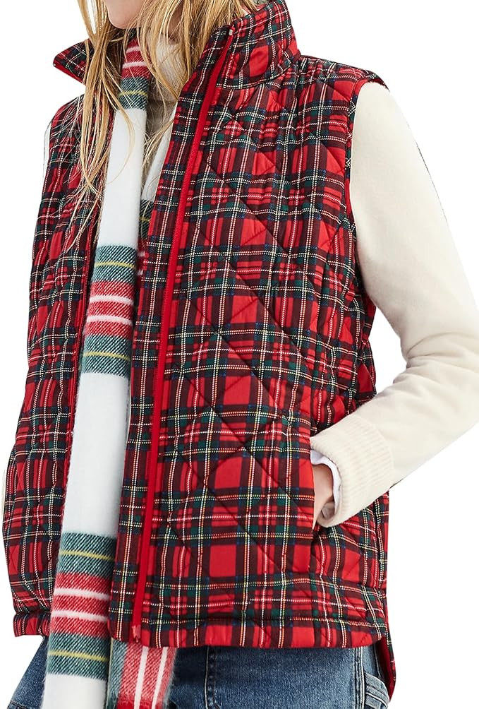 Women Christmas Plaid Qilted Vest Zip Up Fuzzy Fleece Sleeveless Jacket Outerwear Cardigan with P... | Amazon (US)