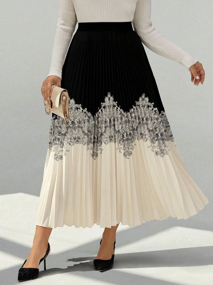 Celure Plus Size Elegant Contrast Color Patchwork Retro Print Pleated A-Line Skirt, Autumn Maxi W... | SHEIN
