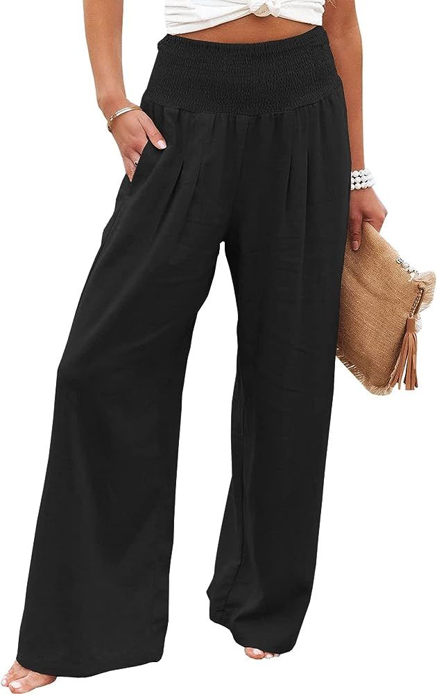 Women Linen Pants Elastic High Waist Wide Leg Palazzo Lounge Pants Casual Loose Beach Pants with ... | Amazon (US)