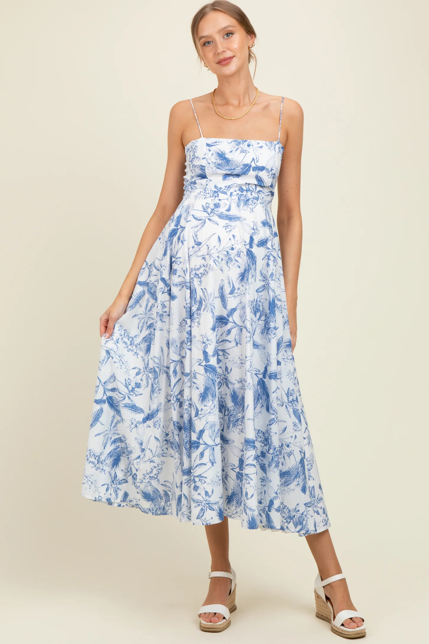 Blue Spaghetti Strap Printed A-Line Maternity Midi Dress | PinkBlush Maternity