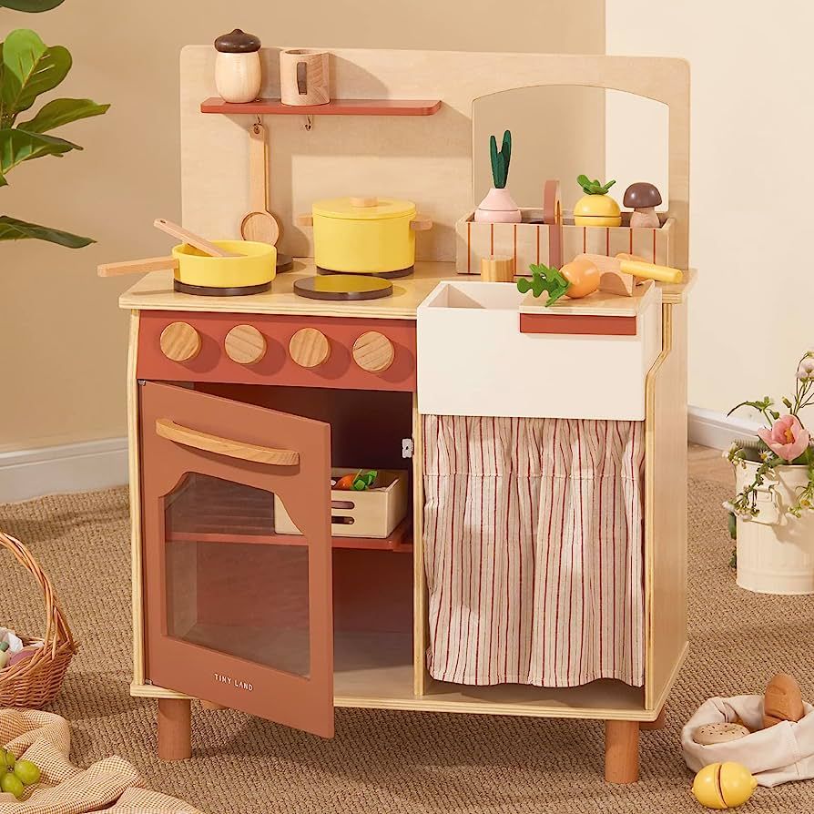 Tiny Land Play Kitchen Set, Toddler Kitchen with Cutting Food Set, Wooden Kitchen Sets for Kids, ... | Amazon (US)