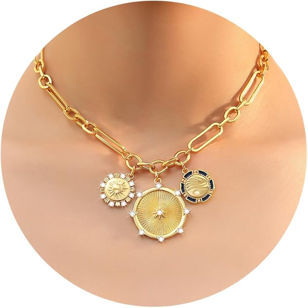 Chunky Gold Heart Necklace for Women 18K Gold Plated Sun Heart Pendant Charm Necklace Thick Paper... | Amazon (US)