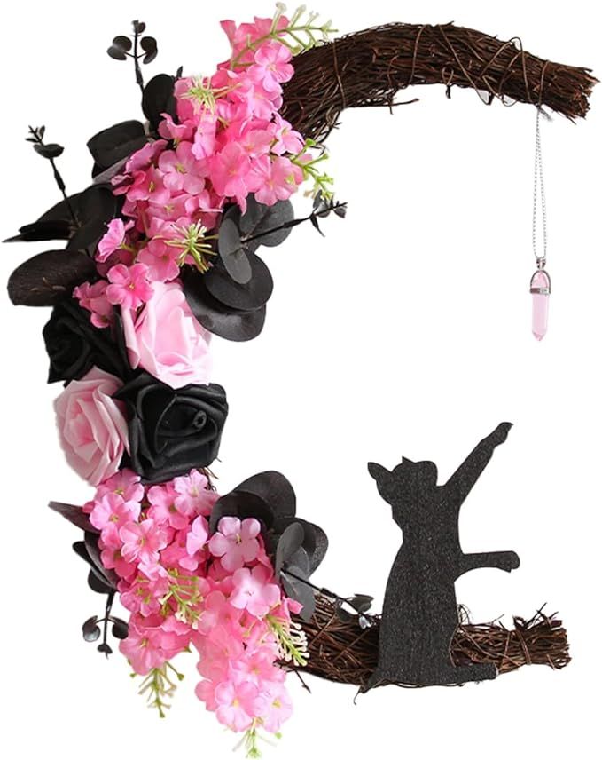 12 Inch Halloween Moon Cat Wreath, Cute Cat Garland with Crescent-Shaped for Farmhouse Porch Fron... | Amazon (US)