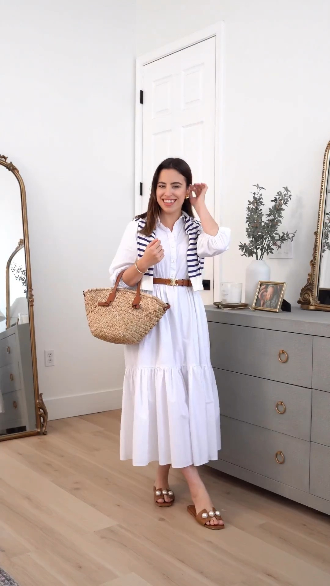 Get this chic classic outfit: midi white dress, camel flats, a straw bag and some cute accessories!
#outfitinspo #casuallook #summerstyle #vacationstyle

#LTKSeasonal #LTKFind #LTKstyletip