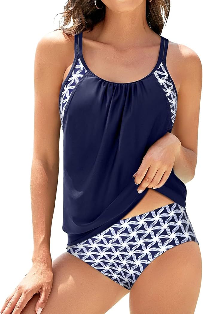 Yonique Two Piece Tankini Swimsuits for Women Blouson Swim Top with Bottom Double Up Bathing Suit | Amazon (US)