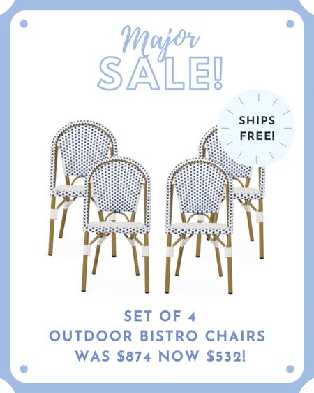 These outdoor bistro DUPE chairs are on major sale right now!! 

Set of 4 outdoor bistro chairs come in 4 different colors originally $874 now $532 PLUS ship free!! 👏🏻👏🏻👏🏻

#LTKSeasonal #LTKsalealert #LTKhome
