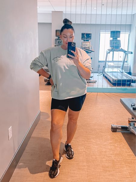 Working out. I did actually work out! Gym attire. Sweatshirt. Cycle shorts. New balance. Sneakers. Athleisure.

#gym #athleisure #sweatshirt #cycleshirts #workout 

#LTKfitness #LTKover40 #LTKFind