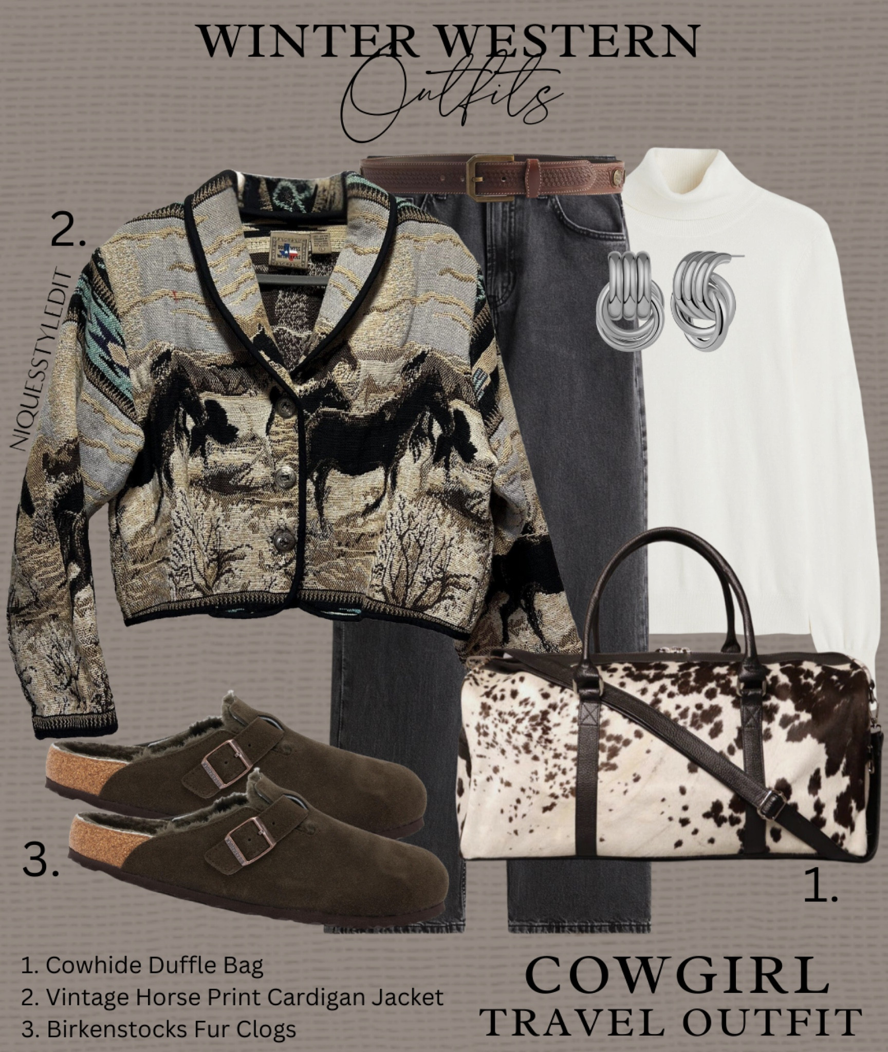Cozy up this winter in chic western outfits featuring timeless brown tones, creams, and greys paired with stunning cowhide bags that are perfect for travel or everyday style! Whether you’re heading out for a casual day, planning a winter getaway, or embracing a modern cowgirl aesthetic, these looks have you covered.

Cowgirl Travel Outfit: Jeans, a horse-print cardigan, comfy Birkenstocks, and a sleek cowhide duffle bag – the ultimate mix of comfort and style for your next getaway. 

#cowgirlstyle #cowgirlfashion #westernfashion #cowhidebag

#LTKstyletip #LTKwinter #LTKbag