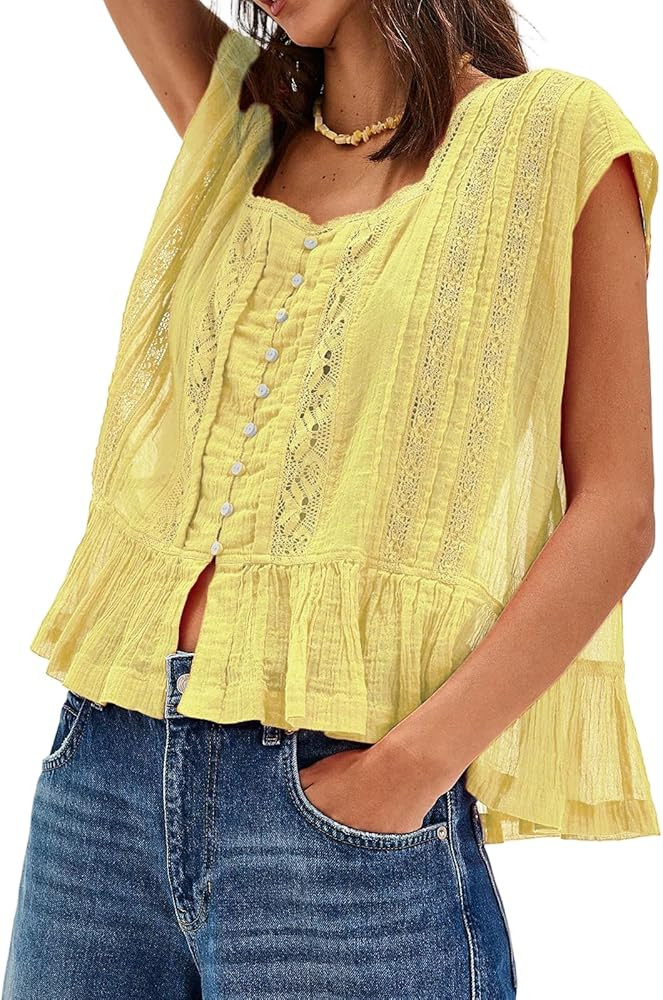 Women Ruffle Bow Tie Babydoll Tops Boho Lace Sheer Flowy Peasant Blouses Y2k Short Sleeve Eyelet ... | Amazon (US)