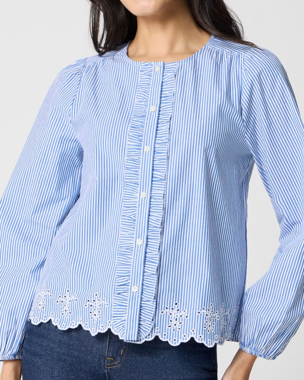 Blue eyelet trim button shirt
Spring outfit 

#LTKSeasonal #LTKSaleAlert