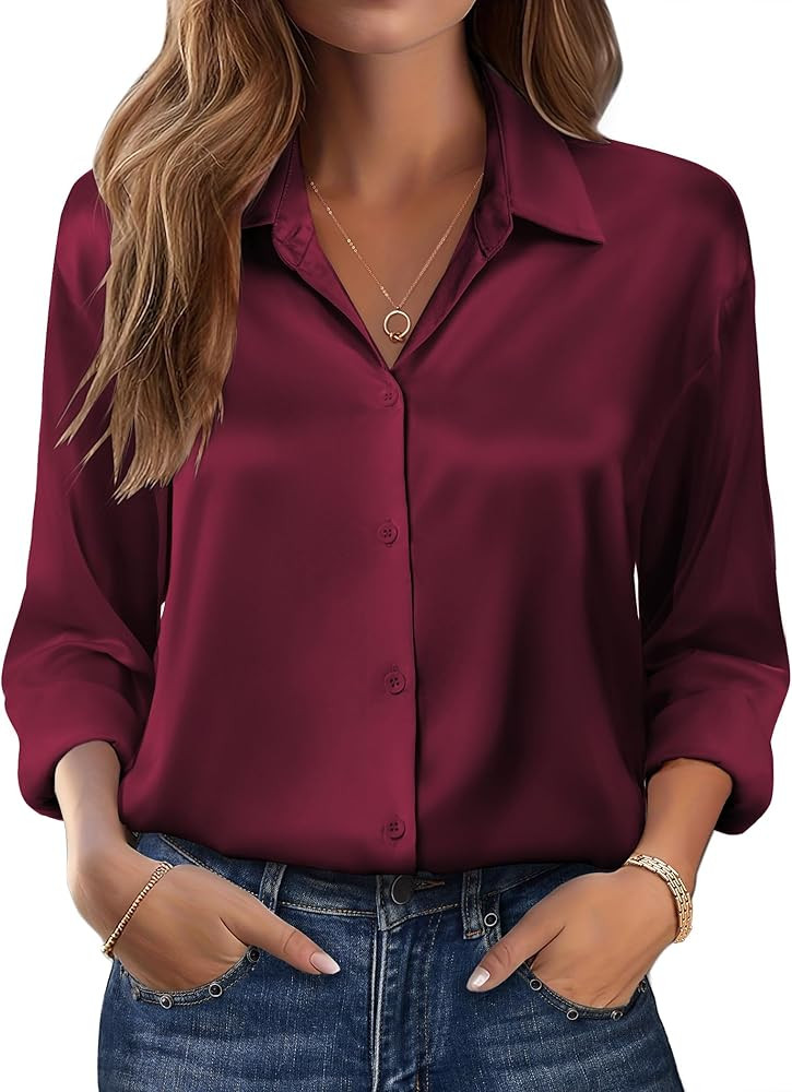 Zeagoo Womens Tops Long Sleeve Satin Silk Button Down Shirts Casual Business Dressy Blouses Fall ... | Amazon (US)