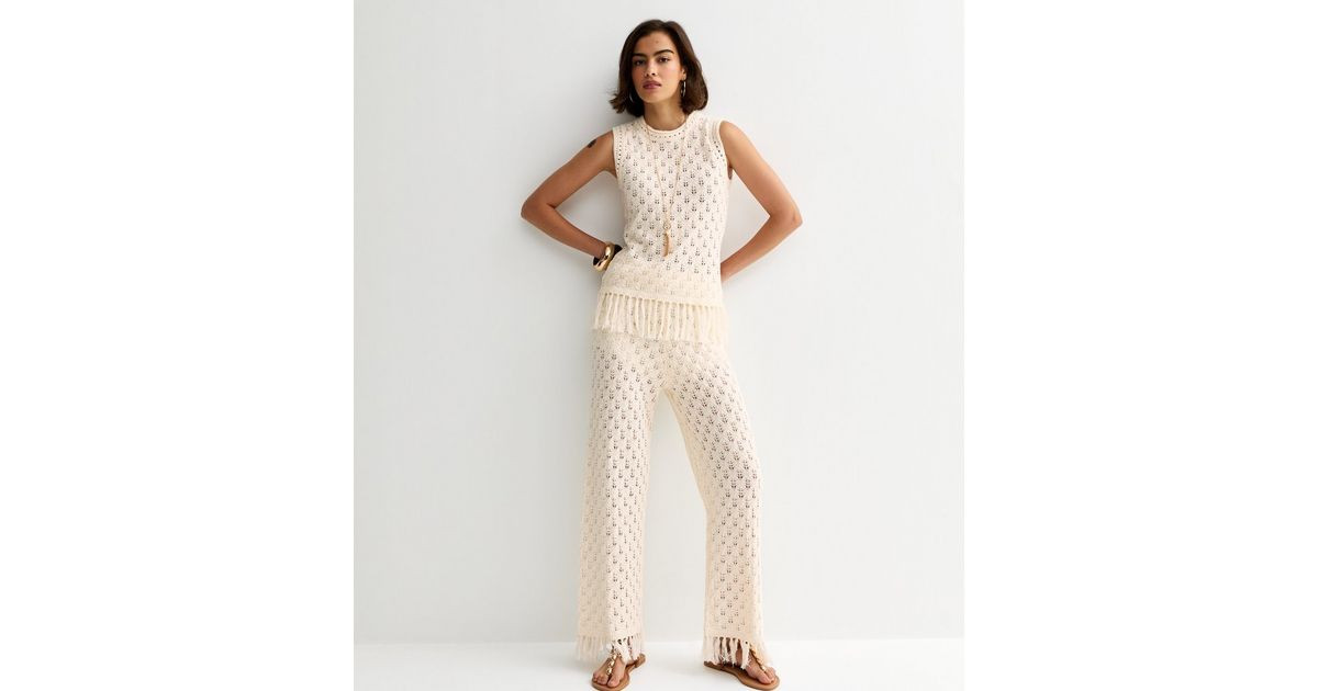 Cream Cotton Rich Knit Tassel Hem Wide Leg Trousers | New Look | New Look (UK)
