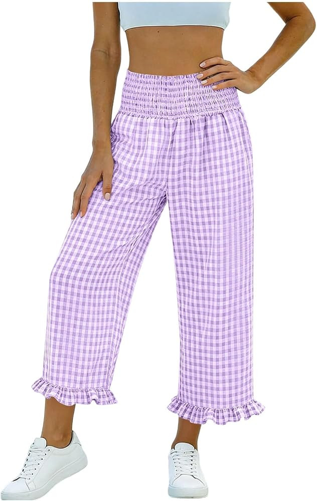 Women's Cropped Gingham Pants Y2K Wide Leg Ruffle Hem Lounge Capri Pants Plaid Elastic Wasited Tr... | Amazon (US)