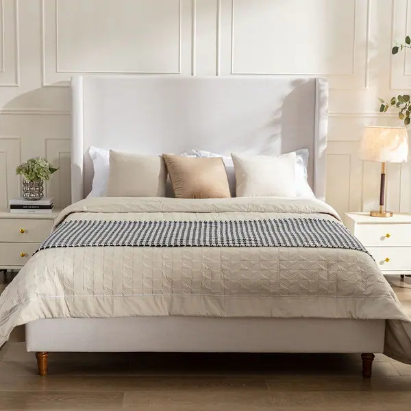 Harper Tall Headboard Upholstered Bed - Ivory Canvas - King | Bed Bath & Beyond
