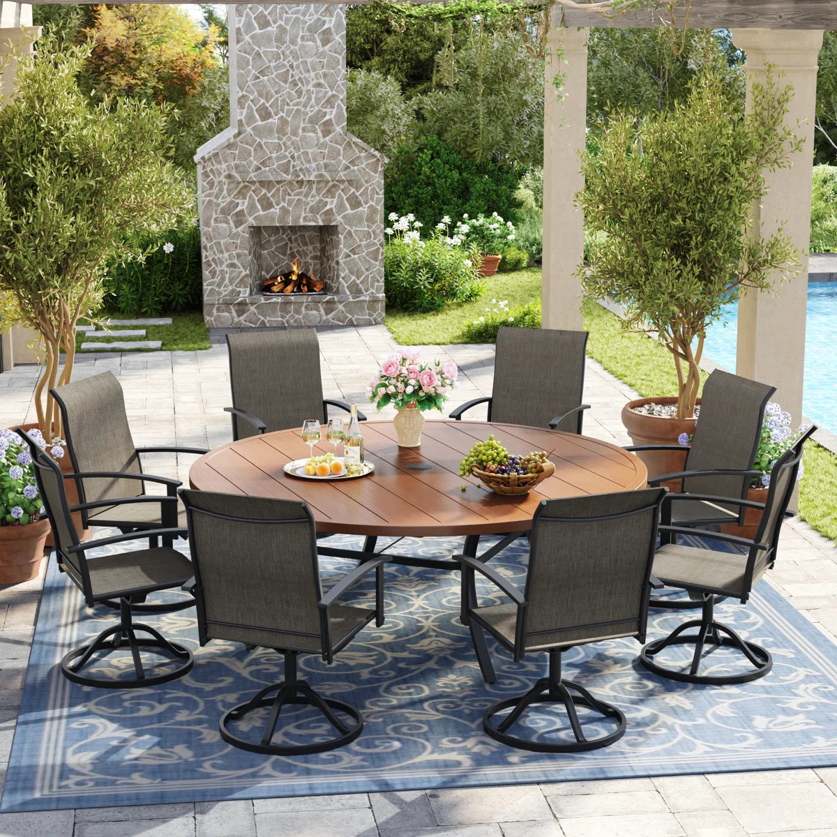 8-Person Patio Dining Set with 60" Round Dining Table and 8 Swivel PVC-coated polyester Chairs | Wayfair North America