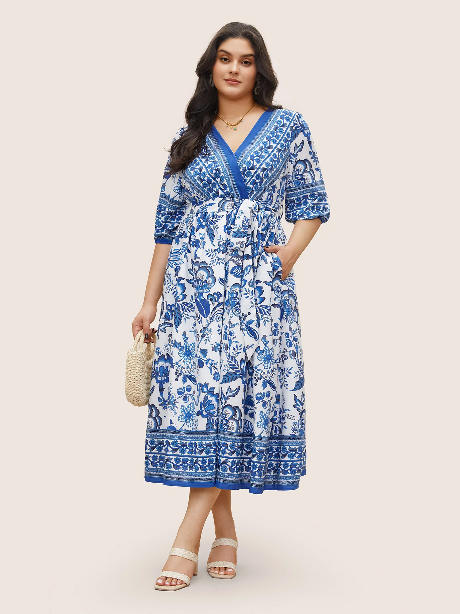 Bandana Print Surplice Neck Lantern Sleeve Pocket Belted Midi Dress | Bloomchic