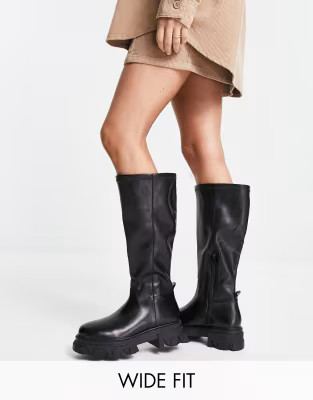 Simply Be Wide Fit knee flat boot with cleated sole in black | ASOS (Global)