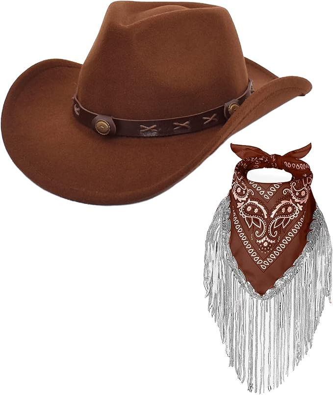 Cowboy Hat with Fringed Bandana Set for Women Wide Brim Western Cowgirl Hat Paisley Head Wrap Sca... | Amazon (US)