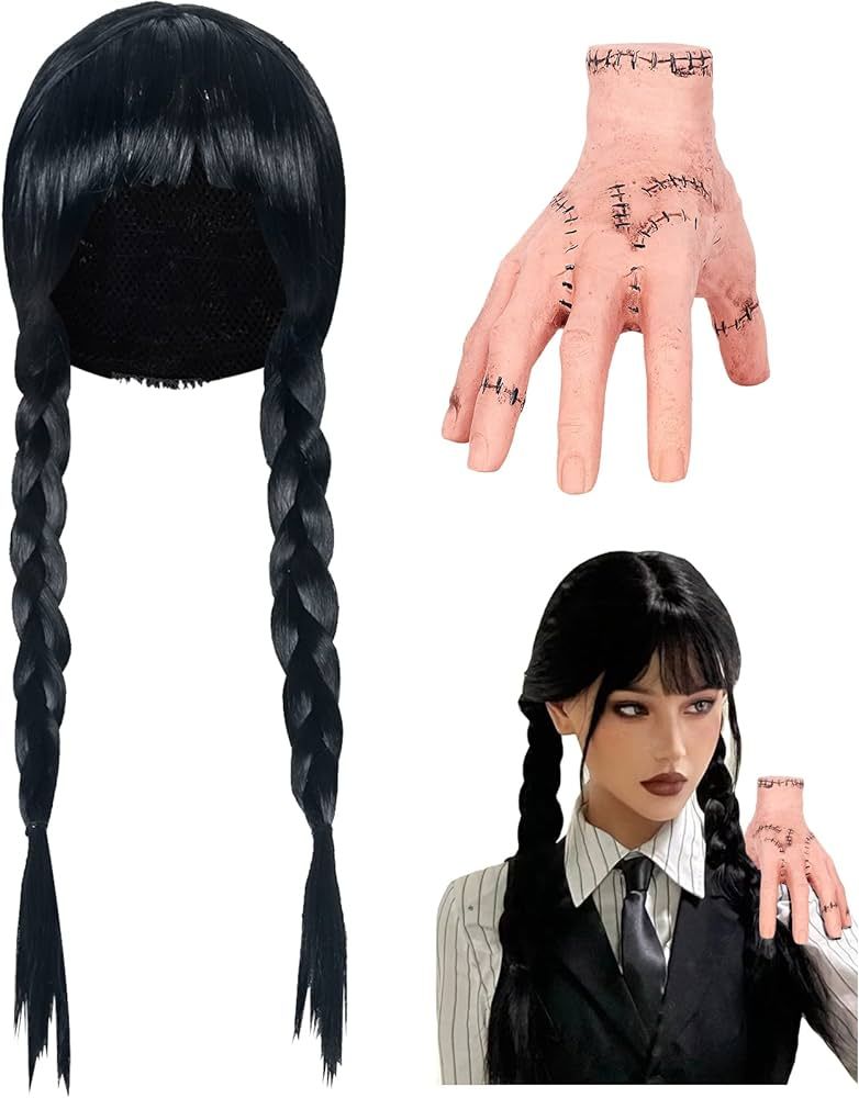 Junova Goth Halloween Costume Wednesday Addams Outfit - Braided Wigs with Bangs, Fake Thing Hand ... | Amazon (US)