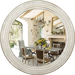 Reflinto 24" Round Decorative Wall Hanging Mirror, Rustic Distressed Natural Wooden Farmhouse Fra... | Amazon (US)
