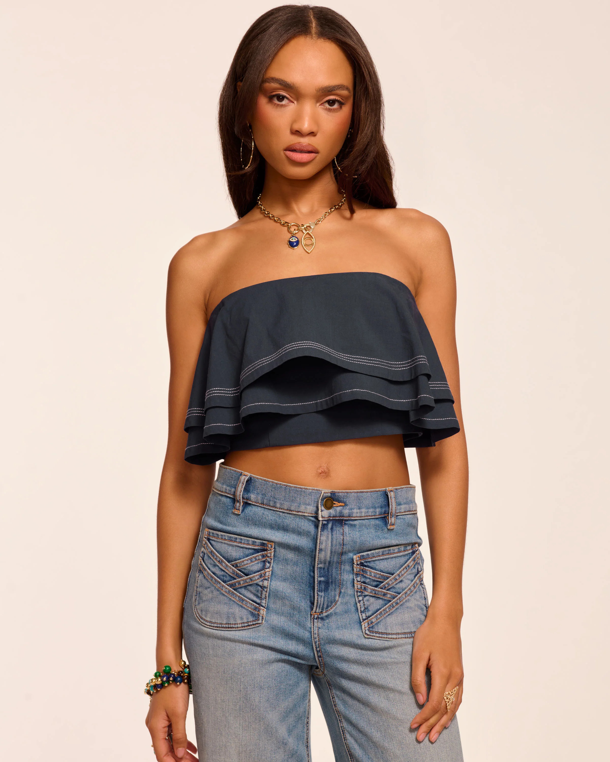 Poppy Cotton Poplin Tiered Crop Top in Navy | Ramy Brook