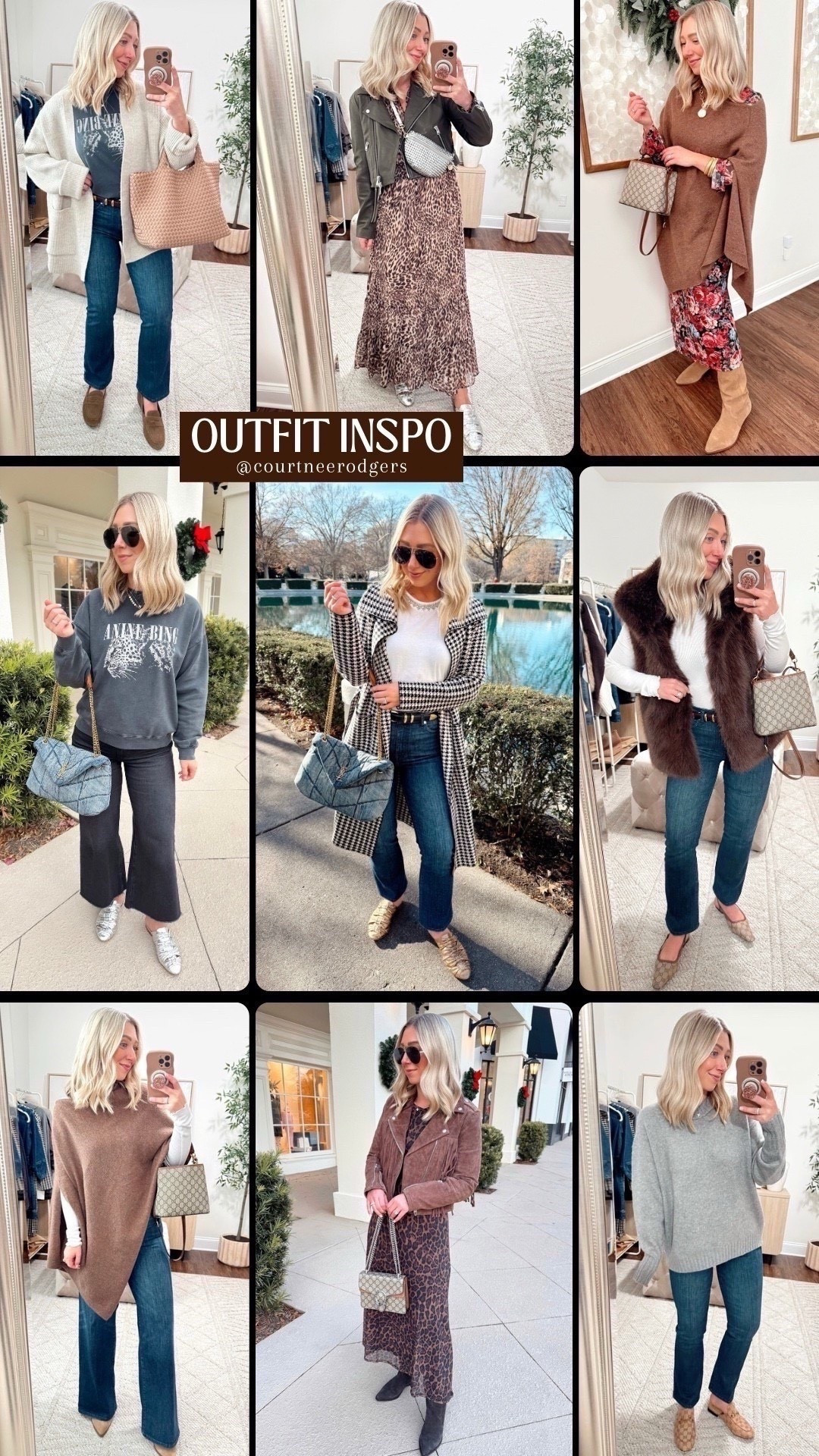 Outfit Inspiration from outfits worn in December 🤎 Sizing below 

•Outfit 1: Size Small tee, cardigan is one size, size 26 in jeans (runs one size big)
•Outfit 2: Leopard Dress (small reg), Size 6 jacket (available in black now, runs one size small)
•Outfit 3: Size small dress, boots size up 1/2 size, poncho one size 
•Outfit 4: Size medium sweatshirt, size 27 jeans
•Outfit 5: Small cardigan, Size XS Tee (runs big), size 26 in jeans (runs one size big), 
•Outfit 6: size 26 in jeans (runs one size big), size small vest
•Outfit 7:  size 26 in jeans (runs one size big), poncho one size 
•Outfit 8: Similar dress + jacket linked
•Outfit 9: Size XS sweater (runs big), size 26 in jeans (runs one size big)

Causal outfits, Anine Bing, denim, fashion, styling, outfits 

#LTKGiftGuide #LTKFindsUnder100 #LTKdayinmylife
