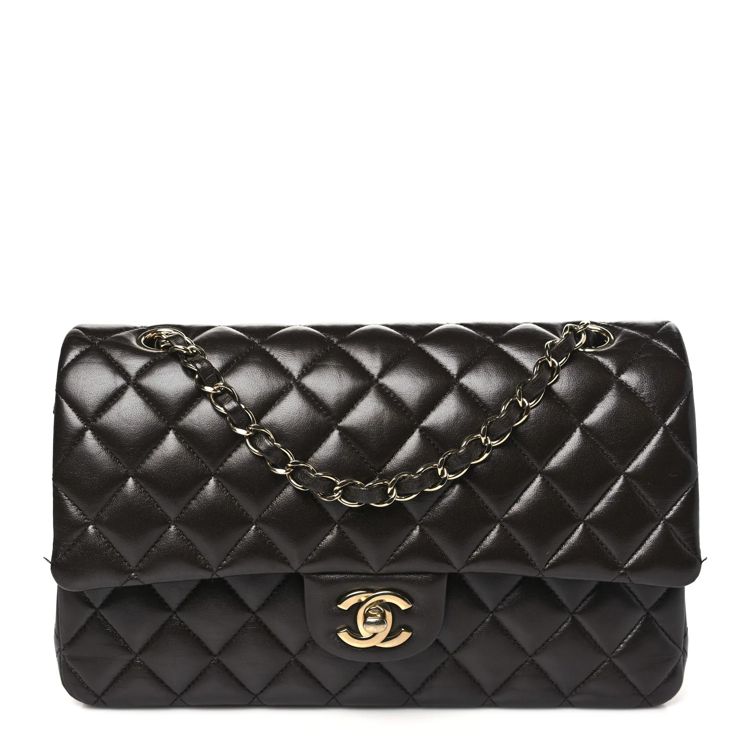 Lambskin Quilted Medium Double Flap Dark Brown | FASHIONPHILE (US)