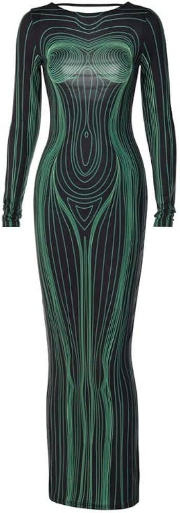 Y2K 3D Body Print Maxi Dress Women Aesthetic Long Sleeve Unique Sexy Body-Shaping Robe Party Club... | Amazon (US)