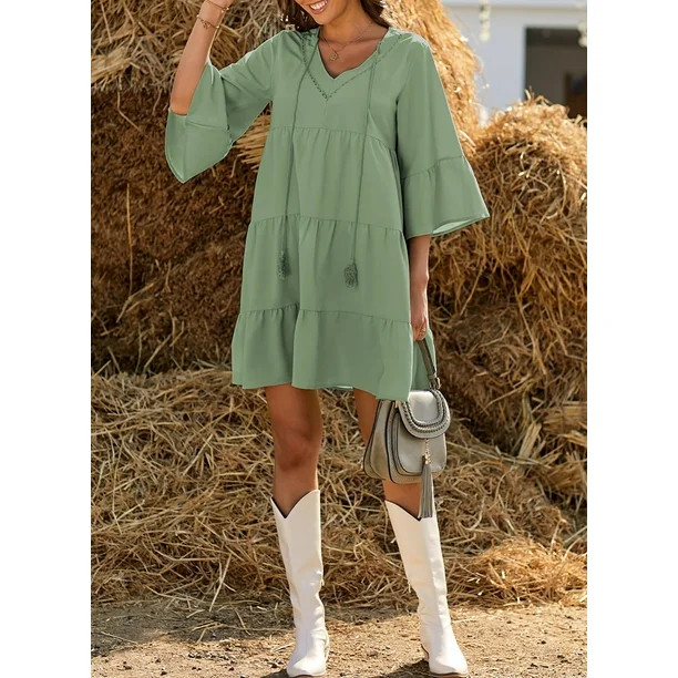 Dokotoo Women's Green Tassel Swing Mini Dresses V Neck Tunic Dress Loose Flowy Casual Bell Sleeve... | Walmart (US)