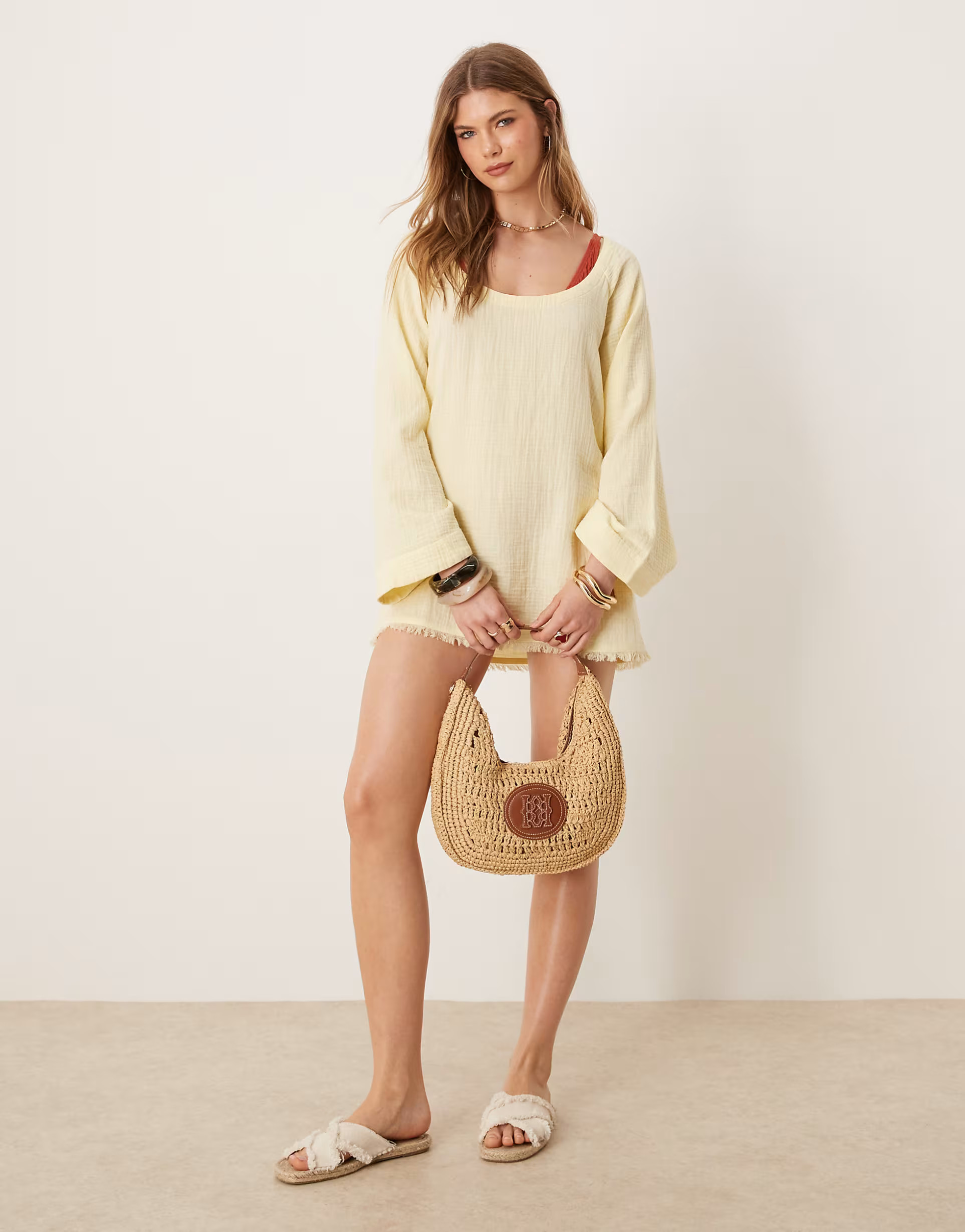 ASOS DESIGN Callie cheesecloth frayed long sleeve reversible beach dress in buttermilk | ASOS | ASOS (Global)