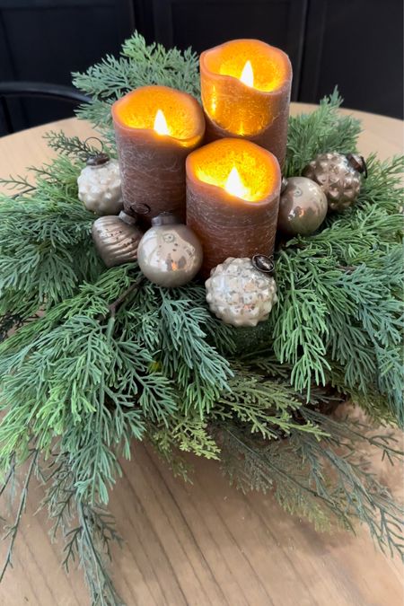Simple centerpiece inspiration with a pretty base, garland, picks, battery operated candles and vintage ornaments 

#LTKSeasonal #LTKhome #LTKHoliday