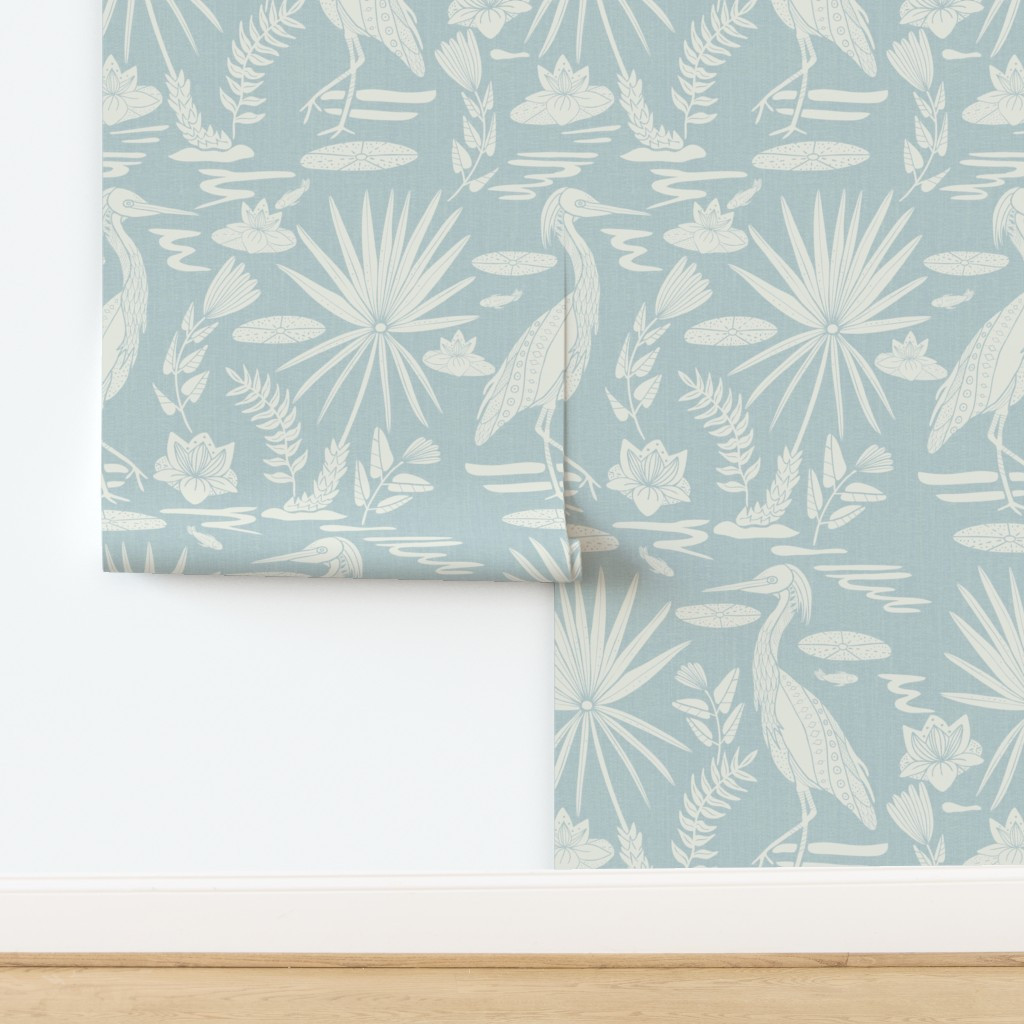 Lowcountry Egret Large White on Historical Blue Wallpaper | Spoonflower | Spoonflower