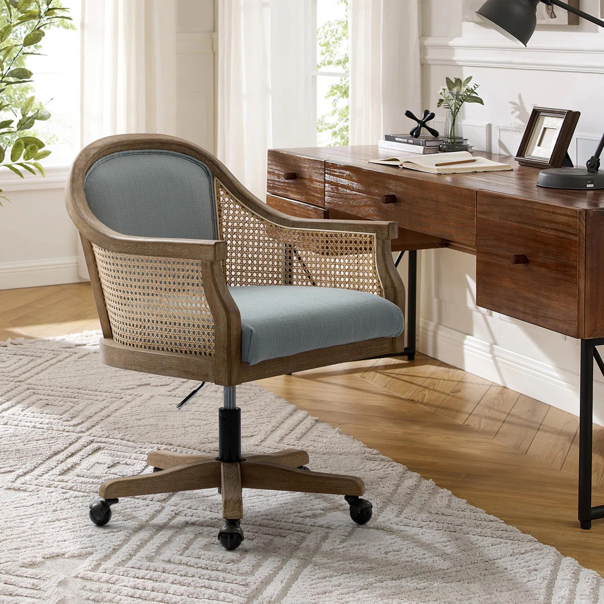 Ackeron Farmhouse 23.5"W Rattan Upholstered Office Task Chair with Solid Wood Arms and Base | Wayfair North America