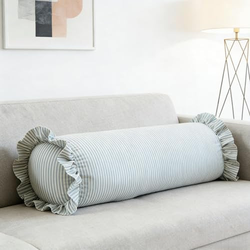 thefmos Long Striped Bolster Pillow with Ruffled Edges – Decorative Bolster Pillow for Legs Neck, Decorative Support Pillow for Bed, Sofa & Lumbar Relief，20X8 Light Blue | Amazon (US)