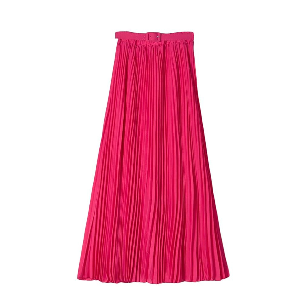 Womens Chiffon Pleated Bohemian Beach Maxi Skirt High Elastic Waist Swing A-line Skirt with Belt | Amazon (US)