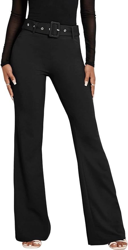 SweatyRocks Women's Casual High Waist Flare Wide Leg Pants Buckle Belted Long Trousers Pants | Amazon (US)
