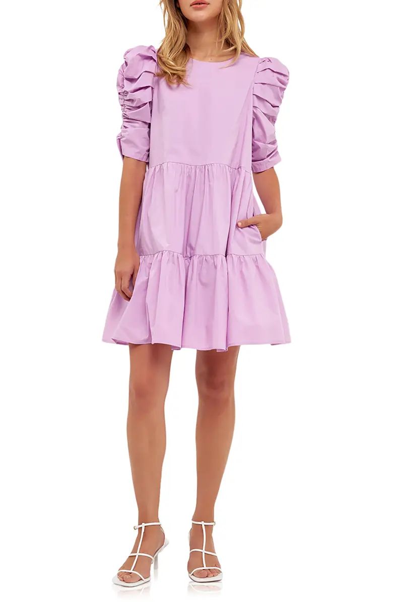 Pleated Puff Sleeve Tiered Cotton Minidress | Nordstrom