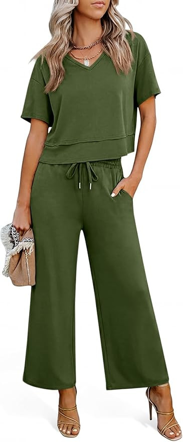 Tankaneo Womens 2 Piece Sets Casual Tracksuits Short Sleeve Tops Wide Leg Pants Outfits Lounge Se... | Amazon (US)