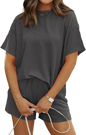 SHEWIN Two Piece Sets for Women Summer Short Sleeve Shirts High Waisted Shorts with Pockets Pajam... | Amazon (US)