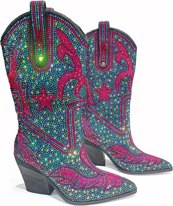 Rhinestone Cowboy Boots for Women Sparkly Cowgirl Boots Crystal Western Boots Pointed Toe Mid Cal... | Amazon (US)