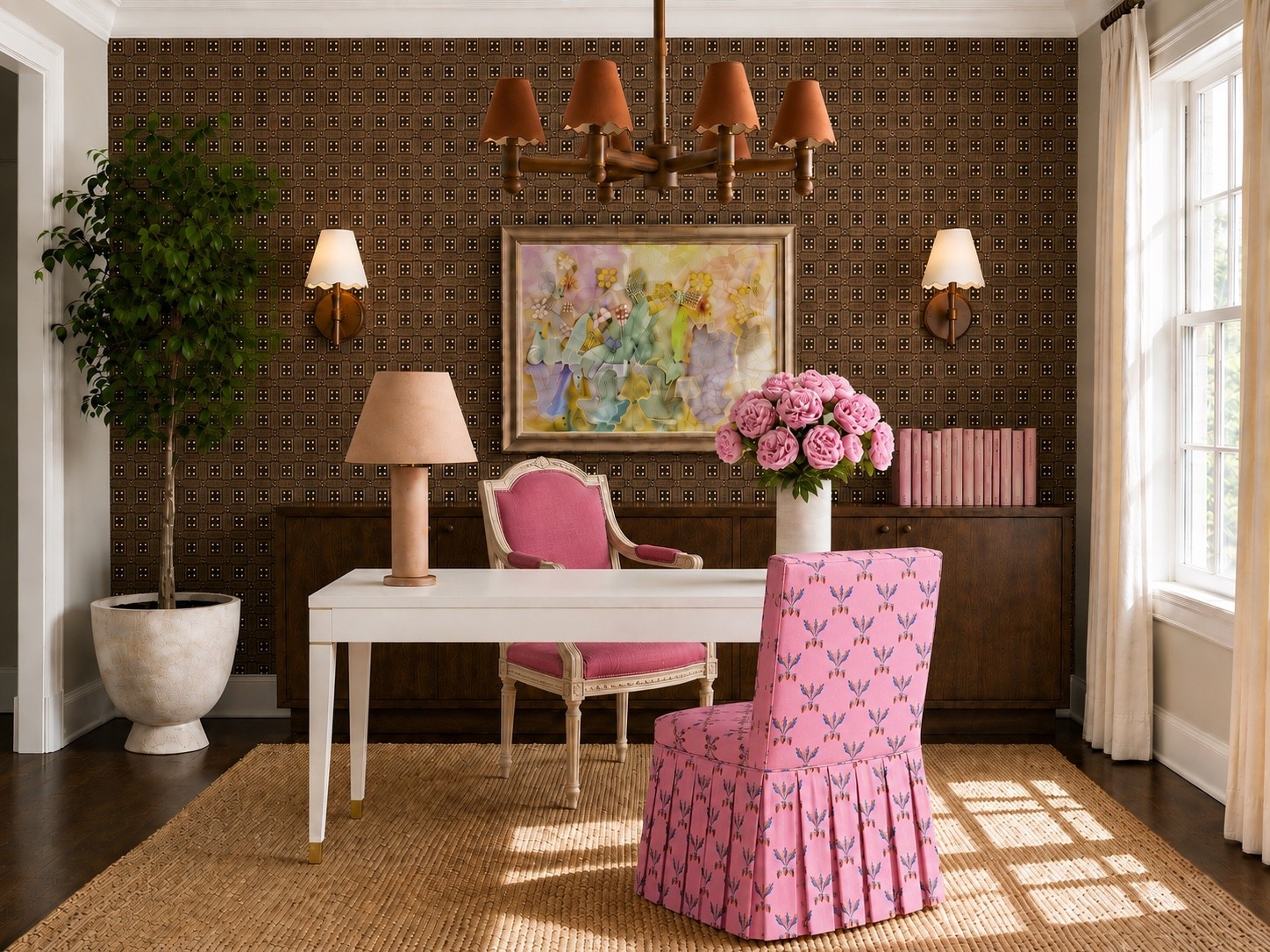A beautifully layered home office that proves mix-and-match design can still feel polished and intentional. The wallpaper, Louis XVI chair, wall sconces, chandelier, artwork, and dark wood sideboard bring a timeless, classic character, while the clean-lined writing desk, sculptural table lamp, and playful pink skirted chair give the room a fresher, more unexpected point of view.

Soft drapery, a natural jute rug, the oversized planter, and a lush flower arrangement complete the space with texture, warmth, and relaxed elegance. I especially love the contrast between the refined traditional details and the crisp modern silhouette of the writing desk—it keeps the entire room feeling collected, stylish, and completely personal. A beautiful space for a back-to-school home office refresh.

#HomeOffice #BackToSchool #BackToSchoolStyle #HomeOfficeRefresh #Wallpaper #WritingDesk #TableLamp #Chandelier #WallSconce #Sideboard #MediaConsole #Artwork #LouisXVIChair #SkirtedChair #Drapes #JuteRug #FlowerArrangement #Planter #ClassicInterior #MixAndMatchStyle #InteriorDesign

#LTKxMadewell #LTKdayinmylife #LTKHome